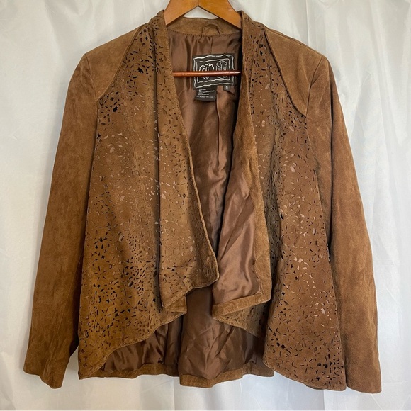 CHI BY FALCHI Women’s Brown Genuine Leather Open Front Cut Out Jacket Size Small - Picture 1 of 17